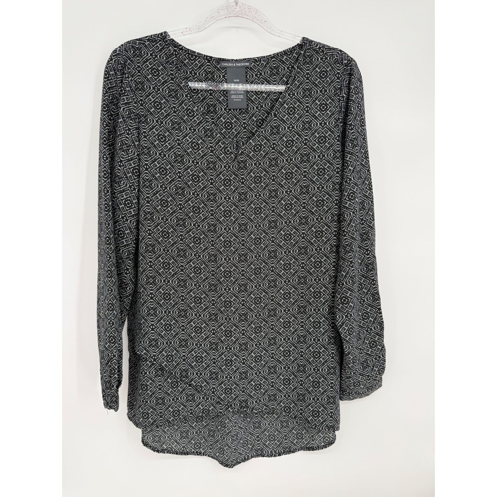 Chelsea & Theodore Womens Black White Geometric V-Neck High-Low Blouse Sz M